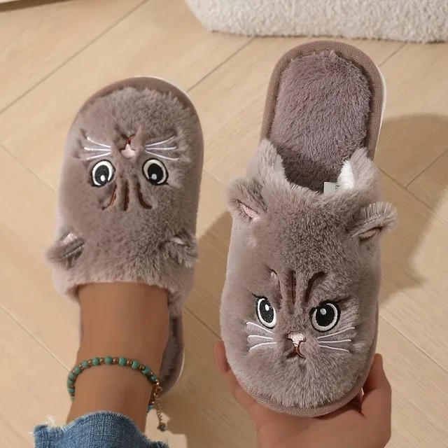 Womens Plush Cat Slippers Winter Warm Cozy Indoor House Shoes Soft EVA Sole Non-