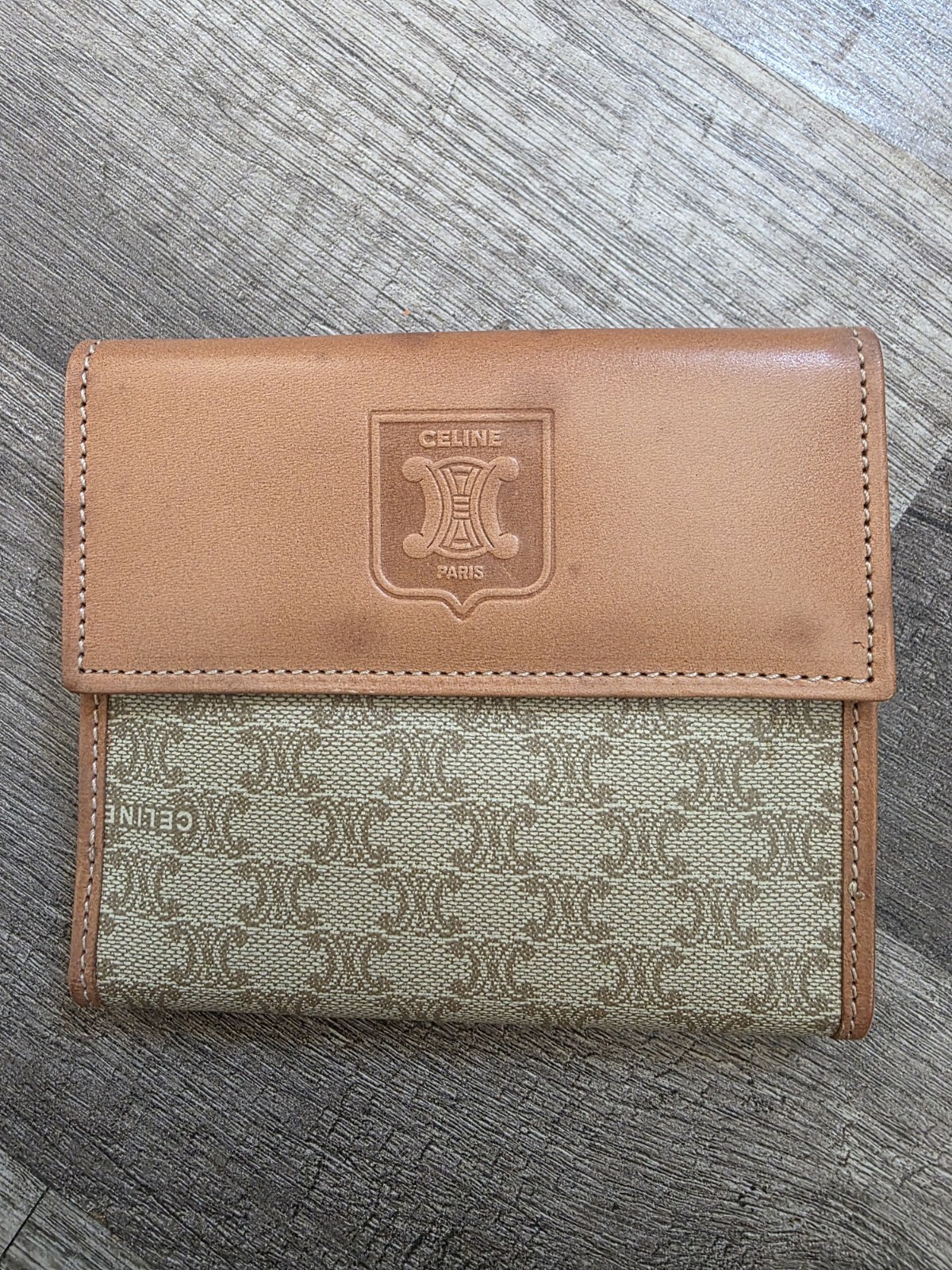 Vintage Celine Brown Triomphe Canvas 3-Fold Wallet Macadam Leather Designer