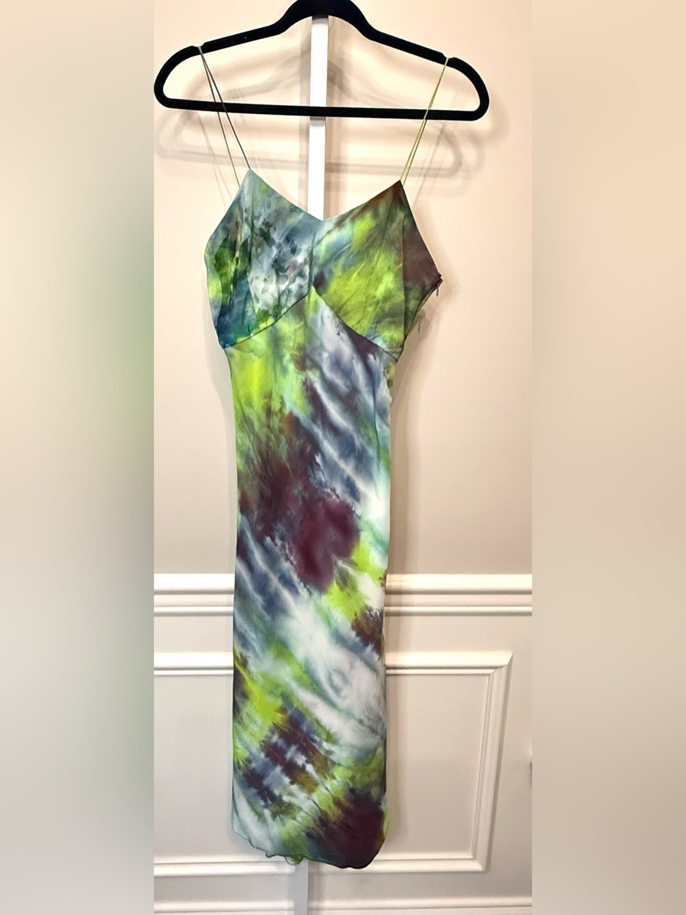Upstate 100% Silk Midi Slip Dress Green Blue Abstract Tie Dye Size M