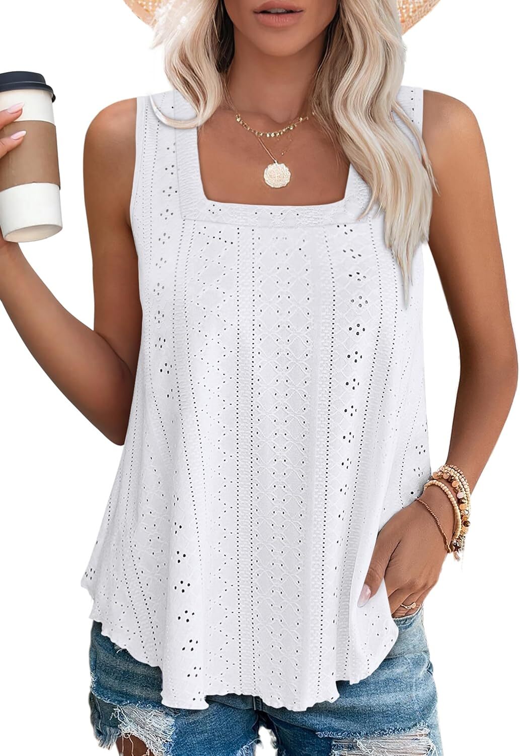 Womens Square Neck Tank Top Sleeveless Loose Fit Casual Summer Beach Vacation