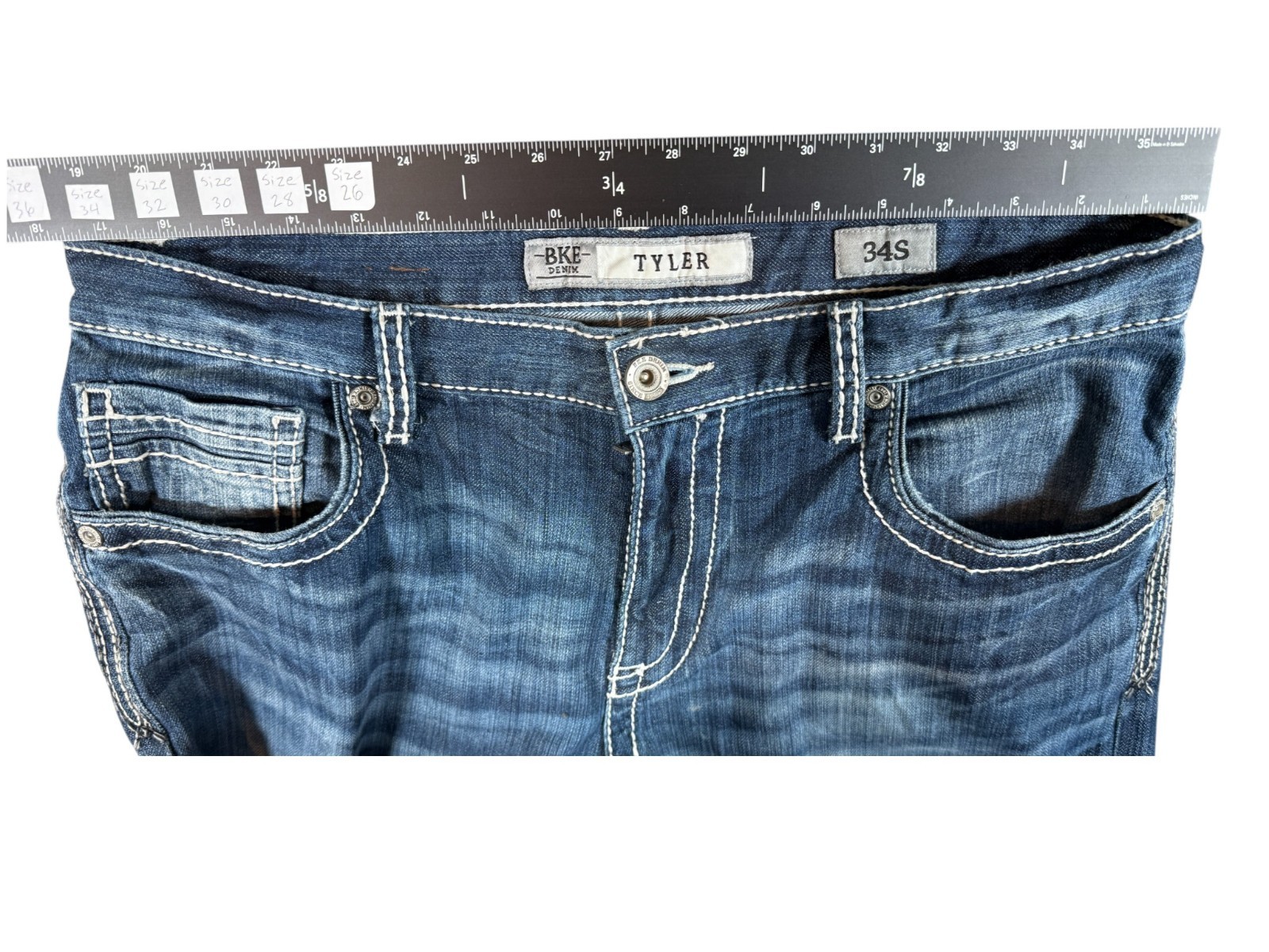 Buckle BKE Tyler Jeans Mens 34 Blue Denim Stretch Med Wash Boot Leg Distressed