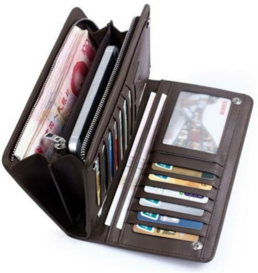 Mens Leather Wallet Large Capacity Bifold Long Card Holder Purse Business Clutch