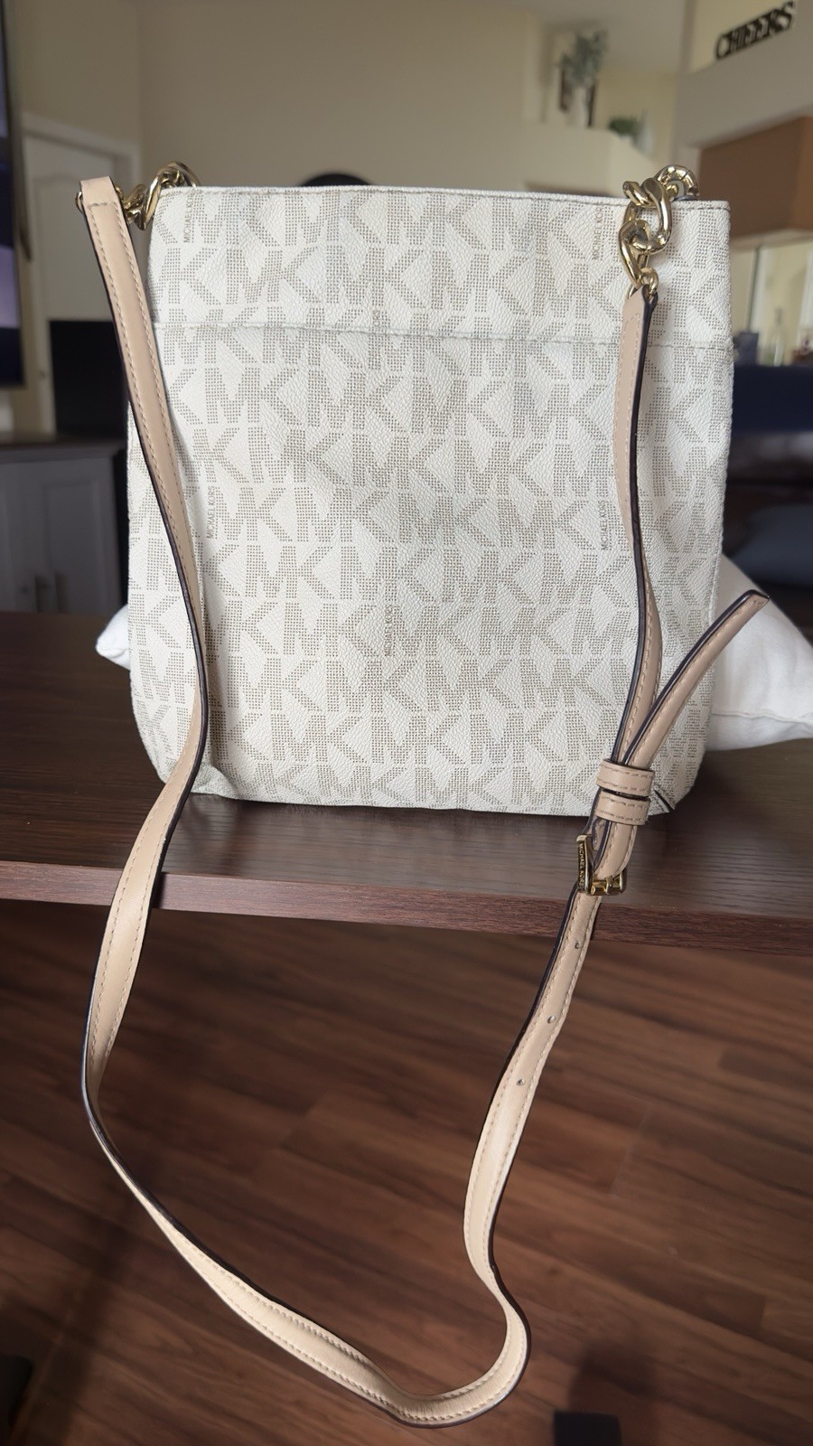 Michael Kors Small Beige Logo Crossbody Bag Zip Closure Adjustable Strap Gold
