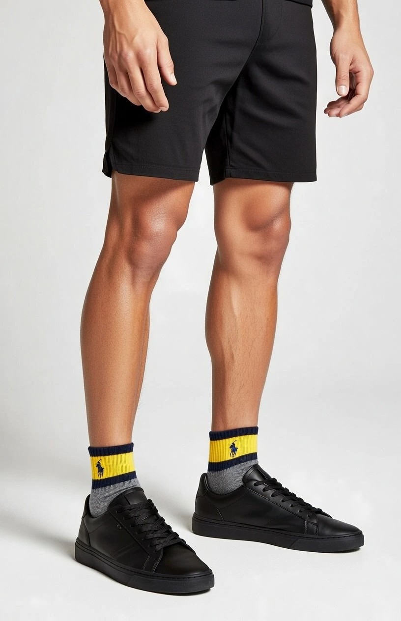 POLO RALPH LAUREN RL | Mens Grey Yellow Low Cut Quarter Socks | UK 6-11 EU 40-46