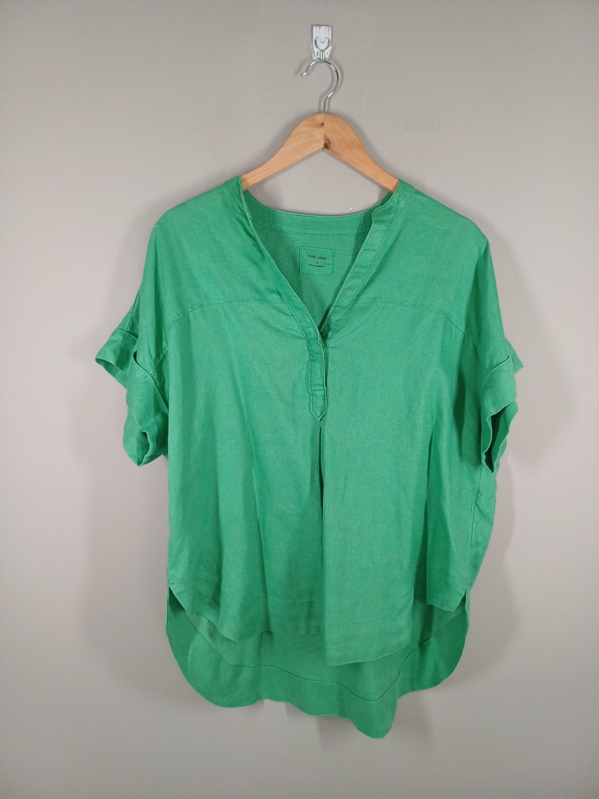 M&S Blouse Womens UK 12 Green Linen Short Sleeve Top Relaxed Flax Popover V Neck