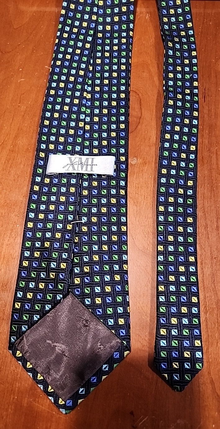 XMI Platinum Mens Tie Black/Yellow/Green/Blue Geometric 100% Silk Hand Made T-1