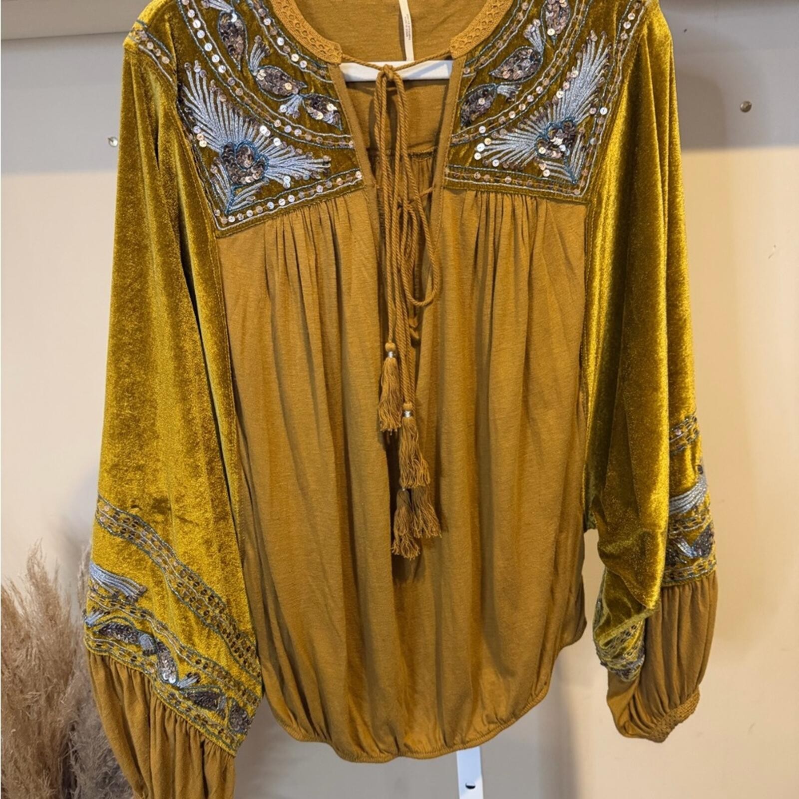 Free People Hearts Aflame Oversized Gold Velvet Embroidered Blouse
