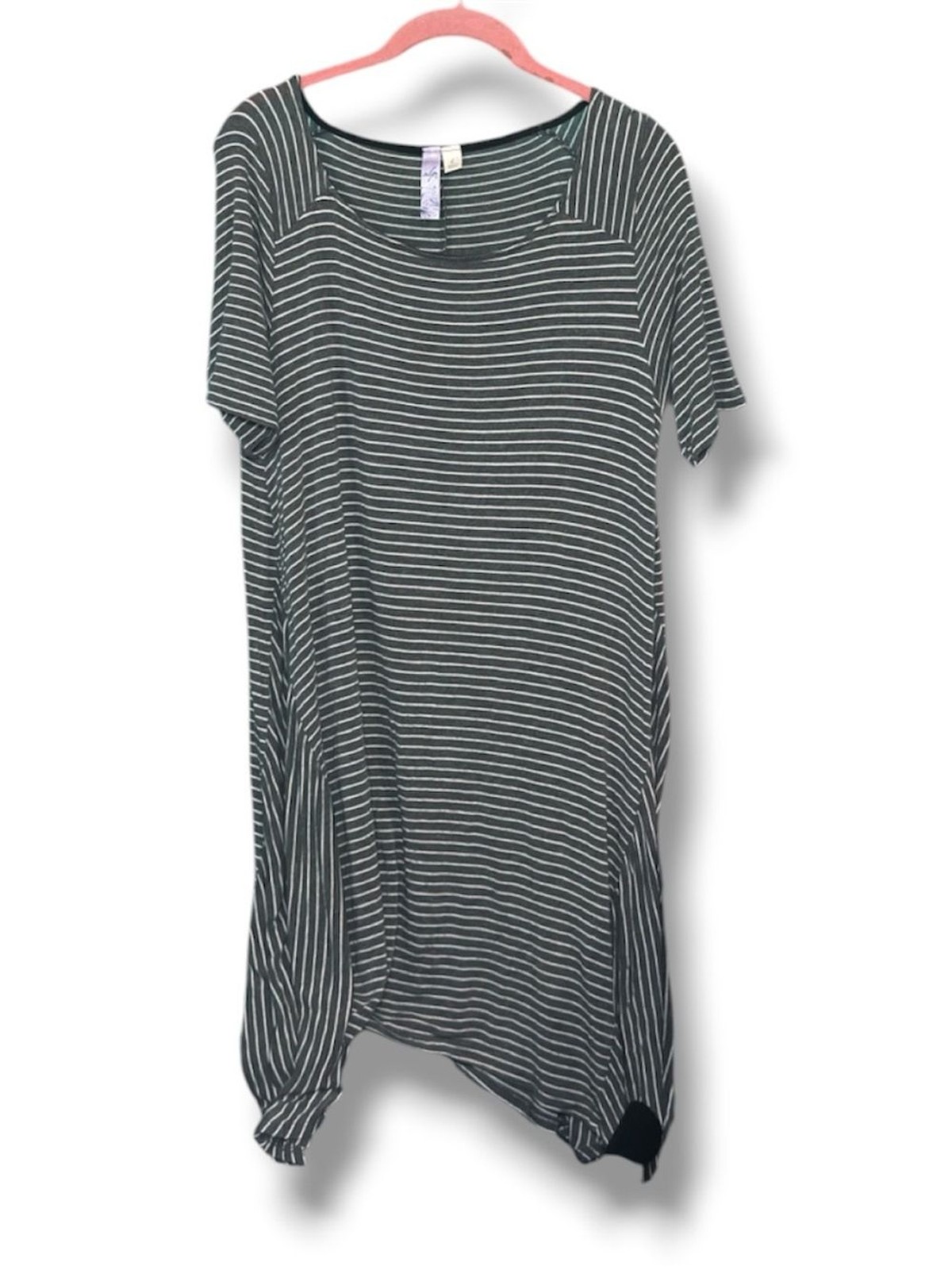 Alya Gray White Striped Shark Bite Hem T-Shirt Dress Tunic L Made in USA
