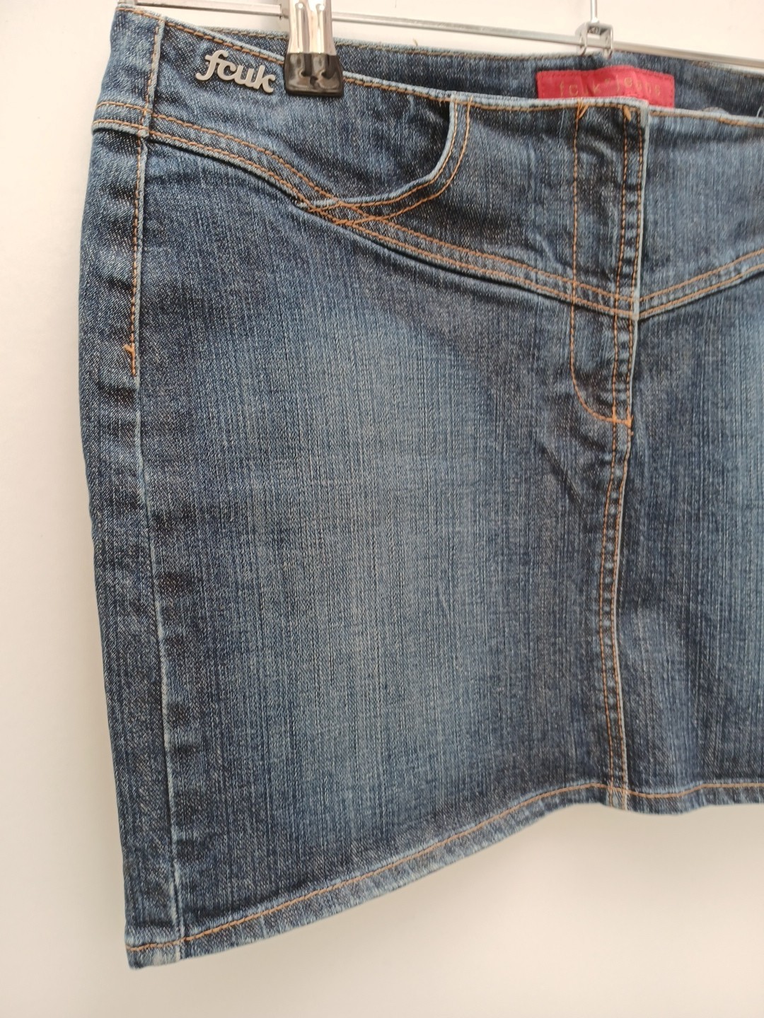 French Connection FCUK Denim Mini Skirt UK 14 Metal Logo Tag Zip and Hook Close.
