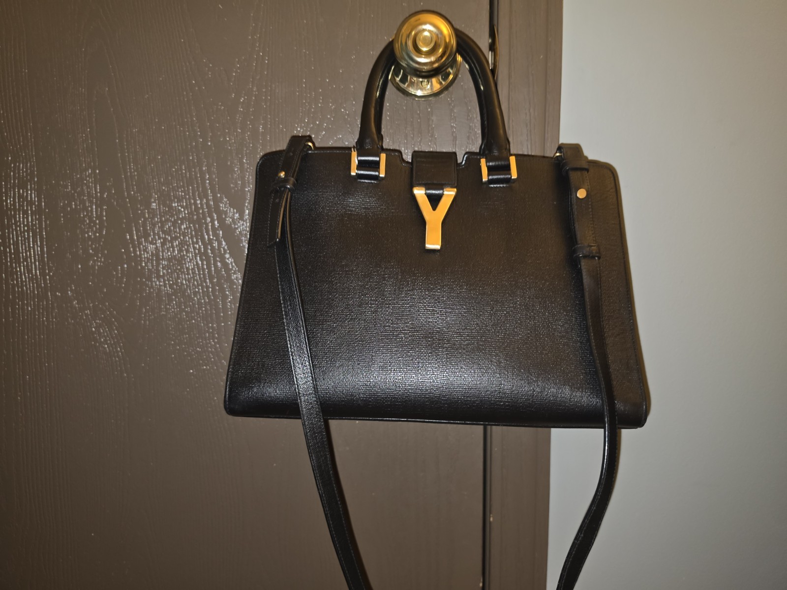 Saint Laurent Cabas Y Black Satchel Top Handle Detachable Strap Gold HW