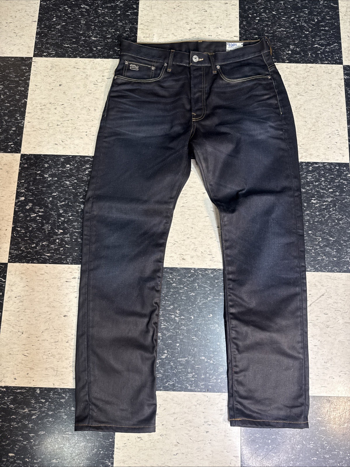 G Star Raw 3301 Straight Button Fly Dark Denim Blue Jeans Mens 34×34 Indigo EUC