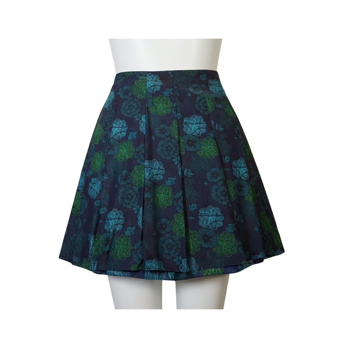 Retro Floral Liz Claiborne Pleated A-Line Midi Skirt Navy Green Teal Size 10