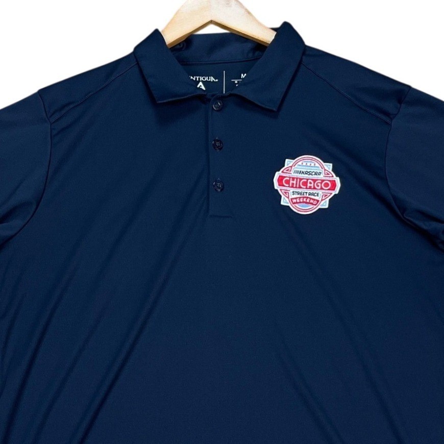 Antigua Polo Shirt Men Medium Navy Blue Short Sleeve 3 Button Placket NASCAR EUC