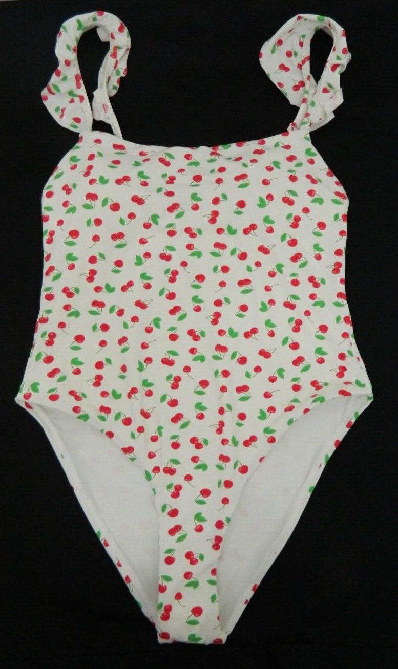 Aqua Swim White Cherries Flutter Sleeve 1-Piece Swimsuit NWT $98 Medium