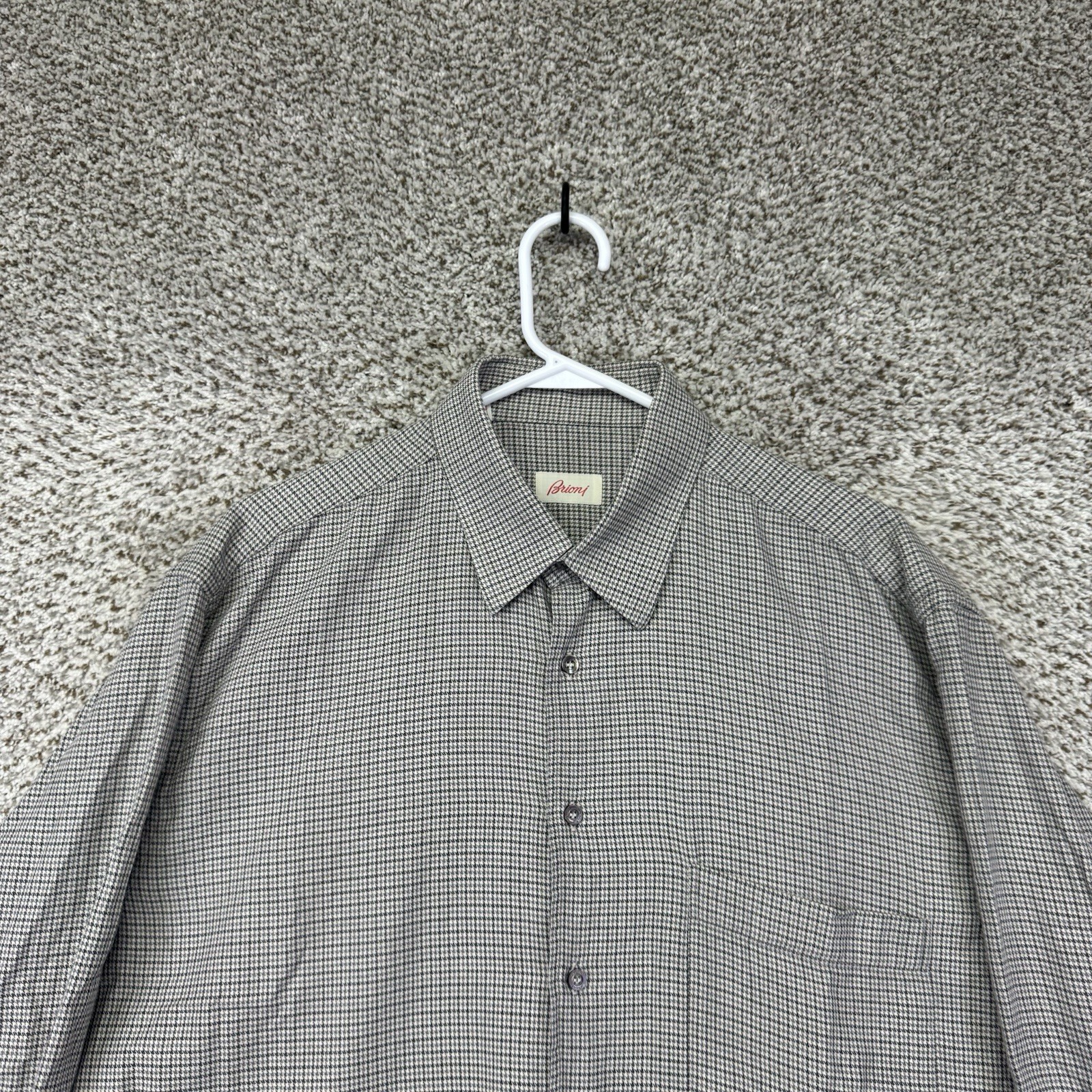 Brioni Shirt Men’s Size XL Long Sleeve Button Up Gray Houndstooth Made In Italy