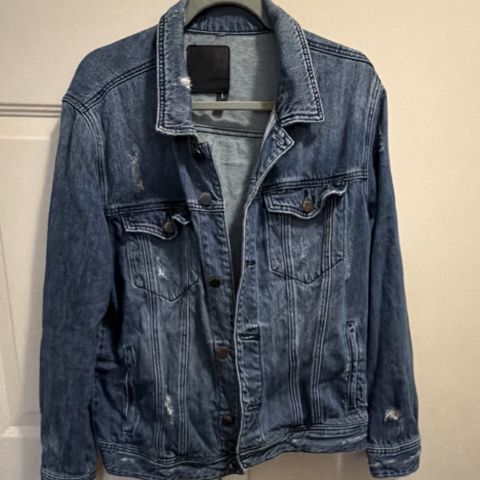 BLANKNYC men Blue Collared Button Denim Jacket w/ Pockets Size L Short