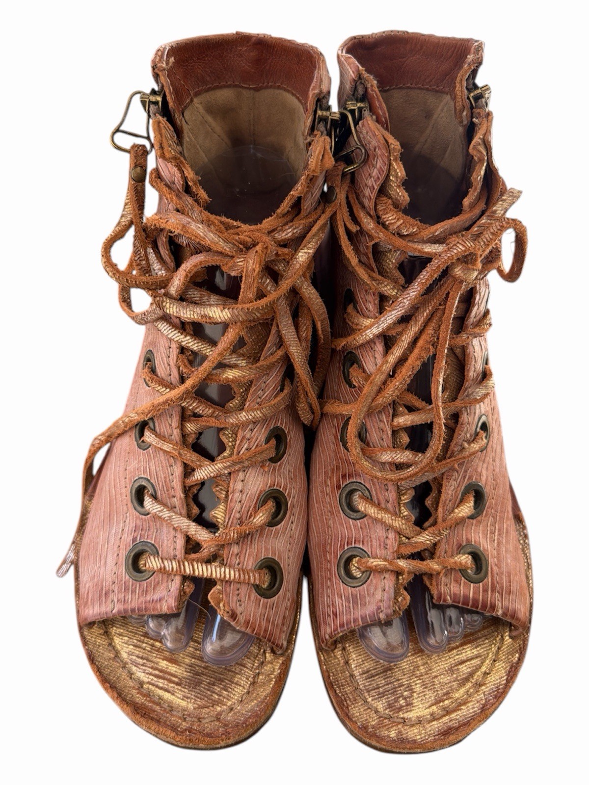 RHETT AS98 GLADIATOR FLAT SANDAL IN CAMEL W/ Metallic Lace up and back zip 39