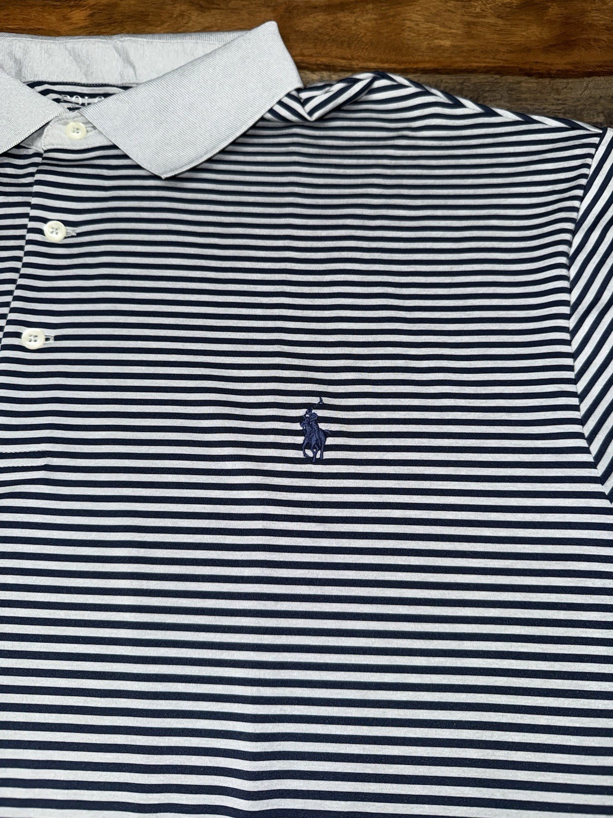 POLO RALPH LAUREN Men’s Big & Tall Grey Navy Striped Performance Polo Shirt 2XB