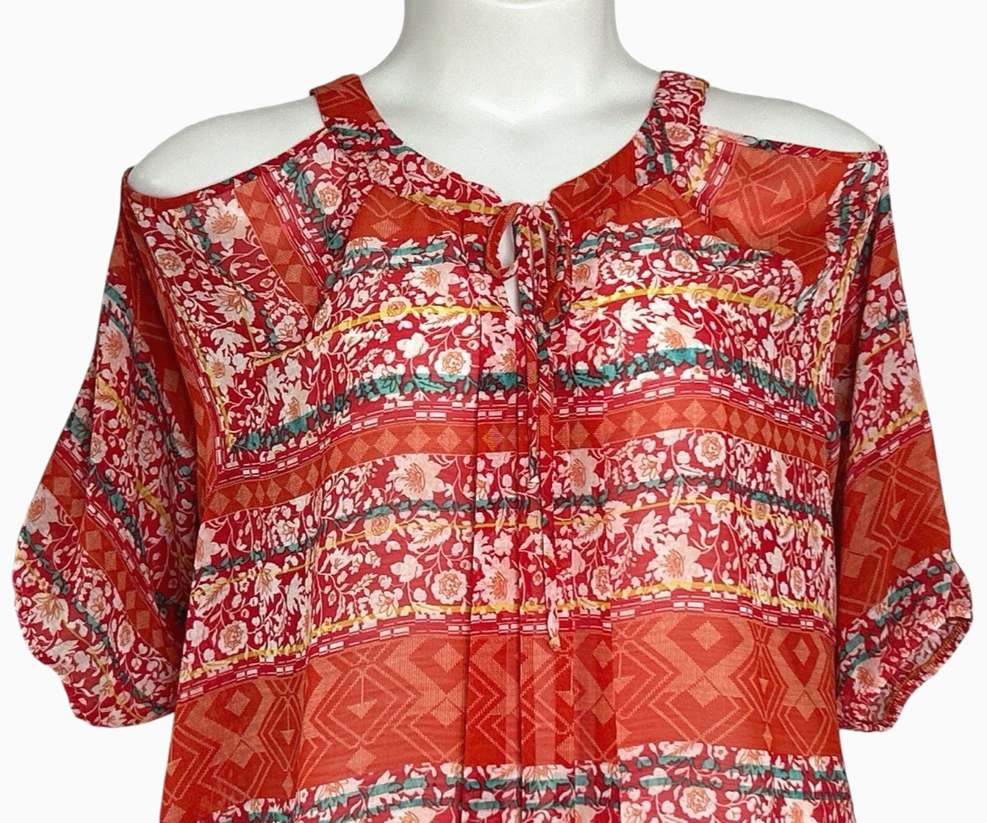 NWT B. Wear Chiffon 3/4 Cold Shoulder Tie Front Pleated Blouse, Orange, Size 3X