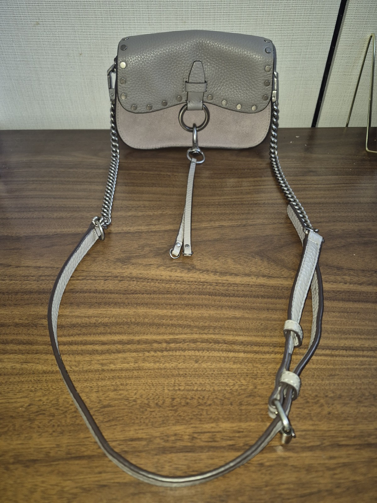 Rebecca Minkoff Women’s Gray Mini Studded Flap Crossbody, Chain Strap, Mag