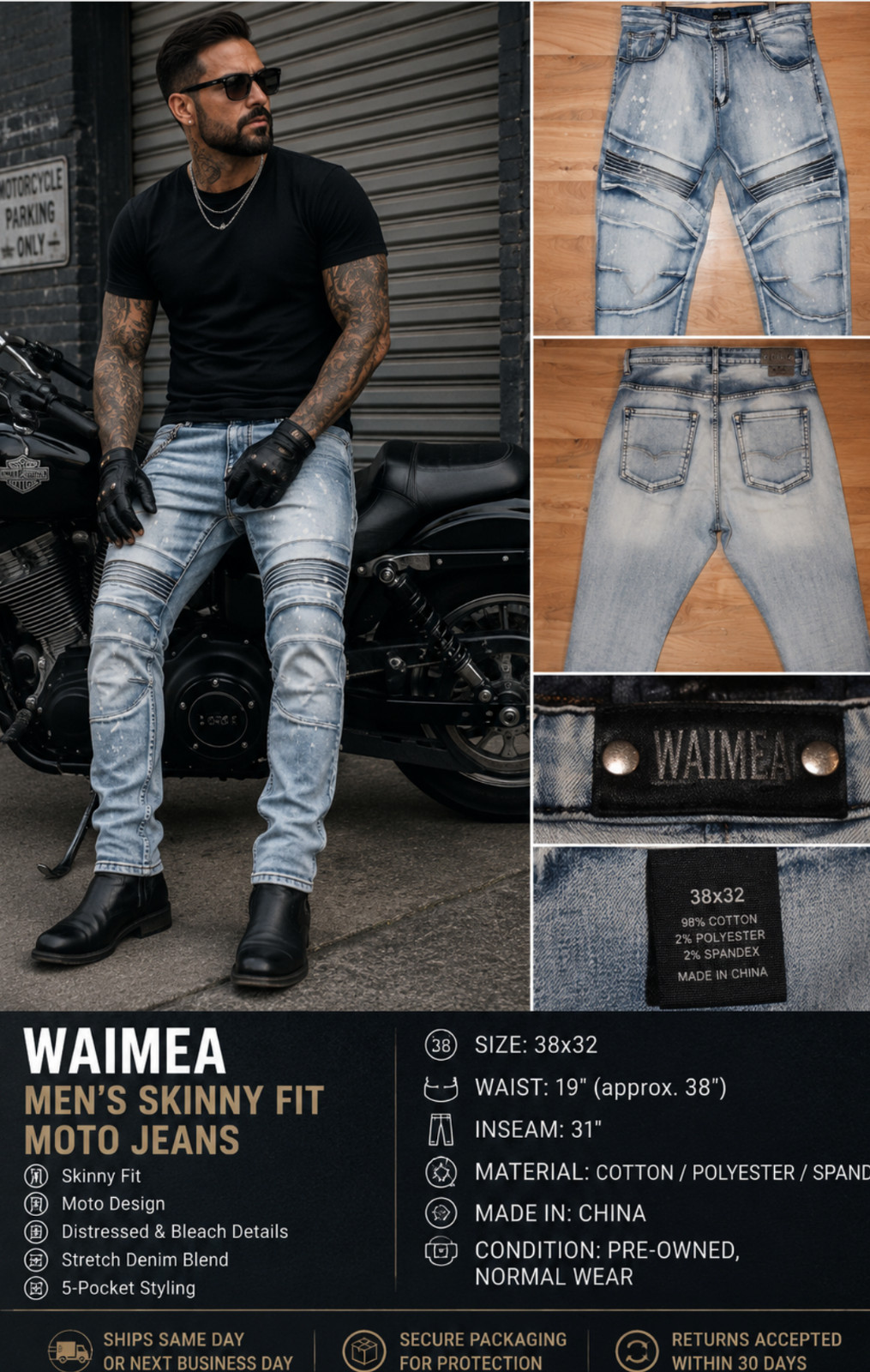 Waimea Men’s Skinny Fit Moto Jeans Light Blue Distressed Stretch Denim 38×32