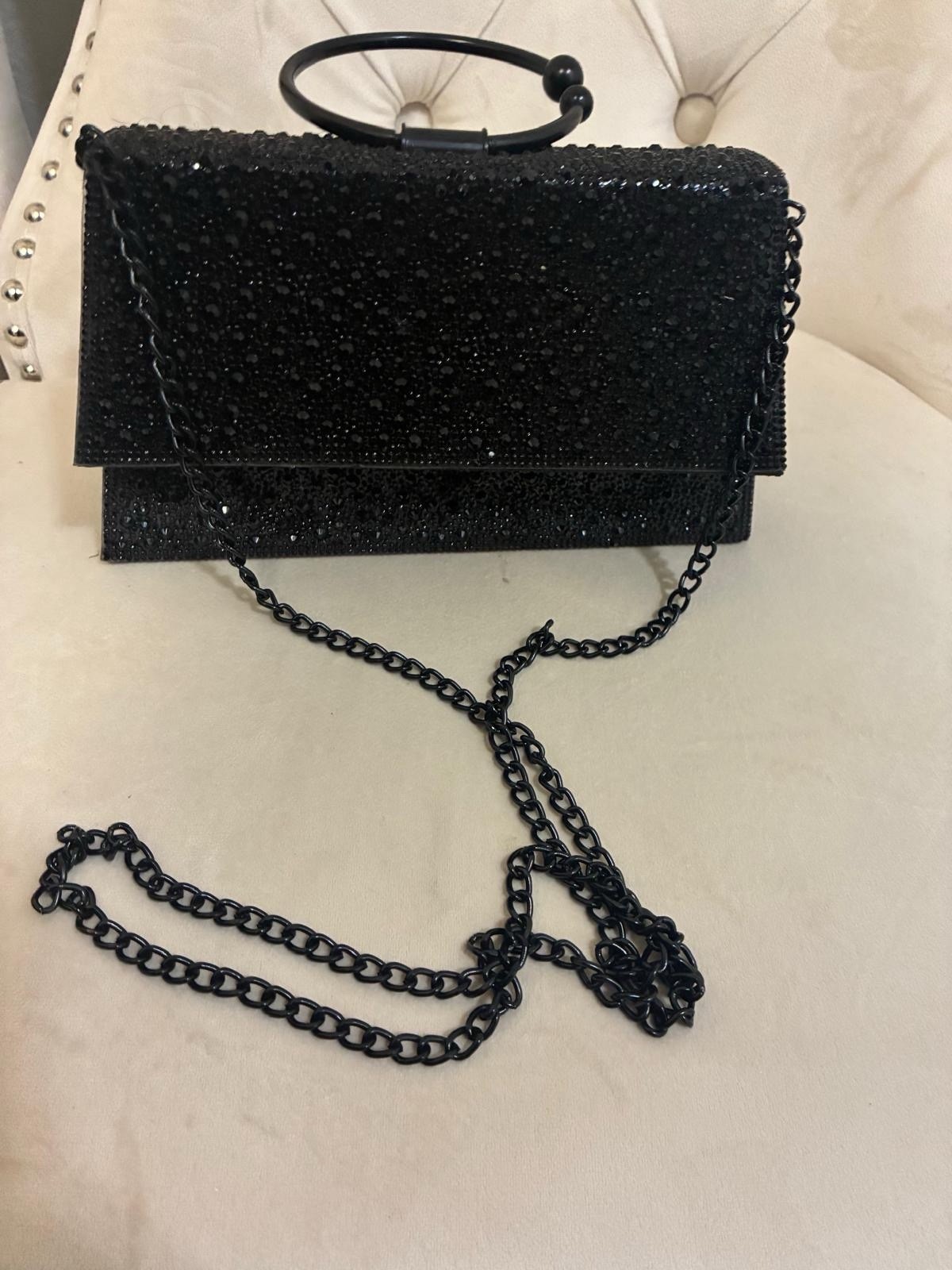 Women’s Black Rhinestone Evening Clutch Ring Top Handle Chain Strap Magnetic