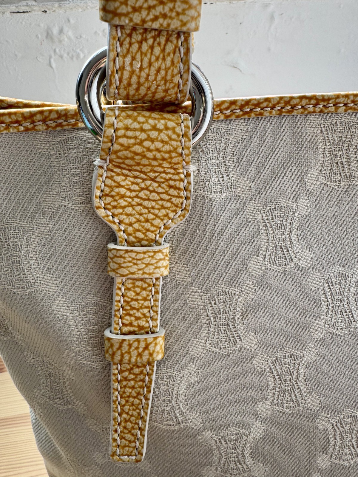 Vintage CELINE Gray Macadam Triomphe Canvas Tote Bag – Y2K Yellow Leather Trim