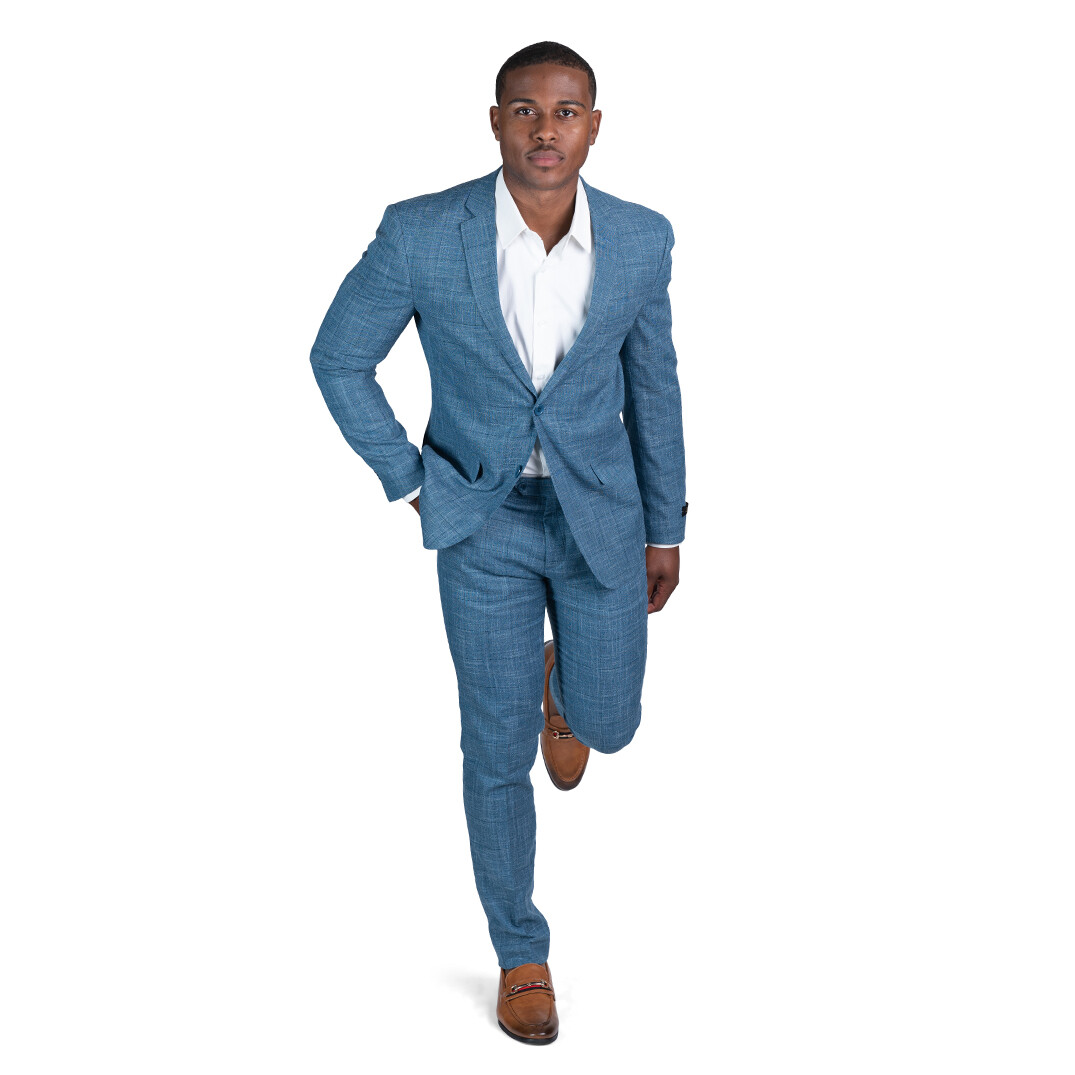 Slim Fit Windowpane Plaid Tweed Men Suits Ocean Blue 2 Button Notch Lapel AZAR