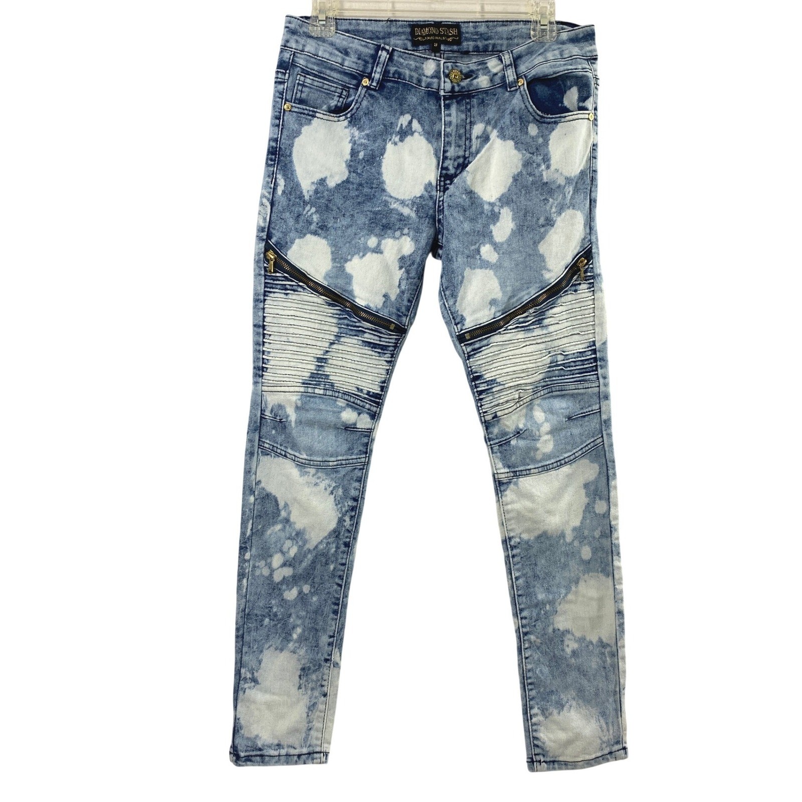 Diamond Stash Moto Skinny Jeans Womens 9 Acid Wash Bleach Blue Punk Edgy Grunge