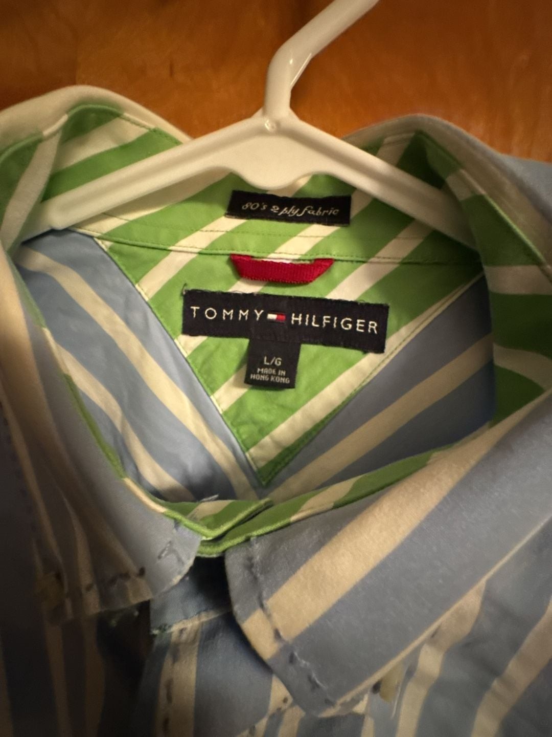 Vintage Tommy Hilfiger Men’s Long Button Down Shirt Blue and White Striped