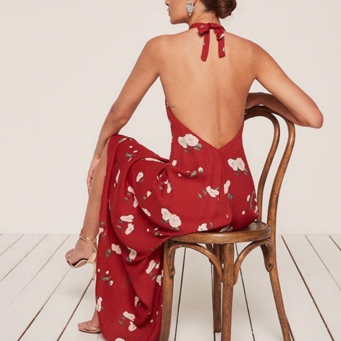 Reformation Red Floral Halter Maxi Dress Open Back Womens Medium Made in USA