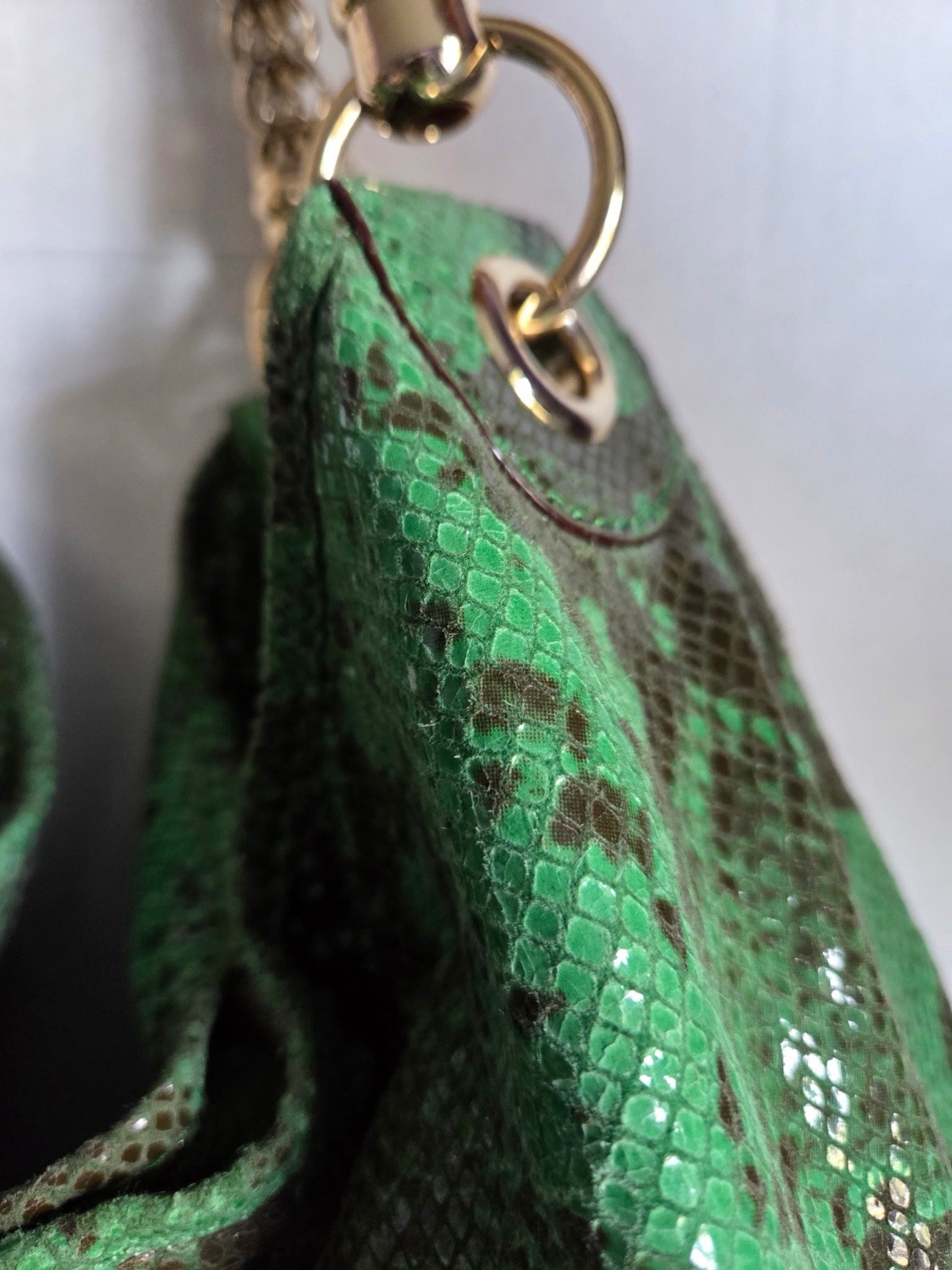 Antonio Melani Green Snake Print Leather Hobo Shoulder Bag Gold Chain Large