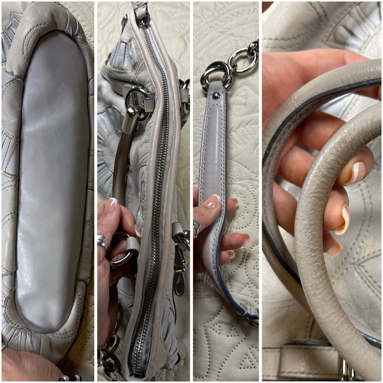 Coach Madison Sophia Leather Pleated C Hand Shoulder Bag Purse Chain Strap Grey