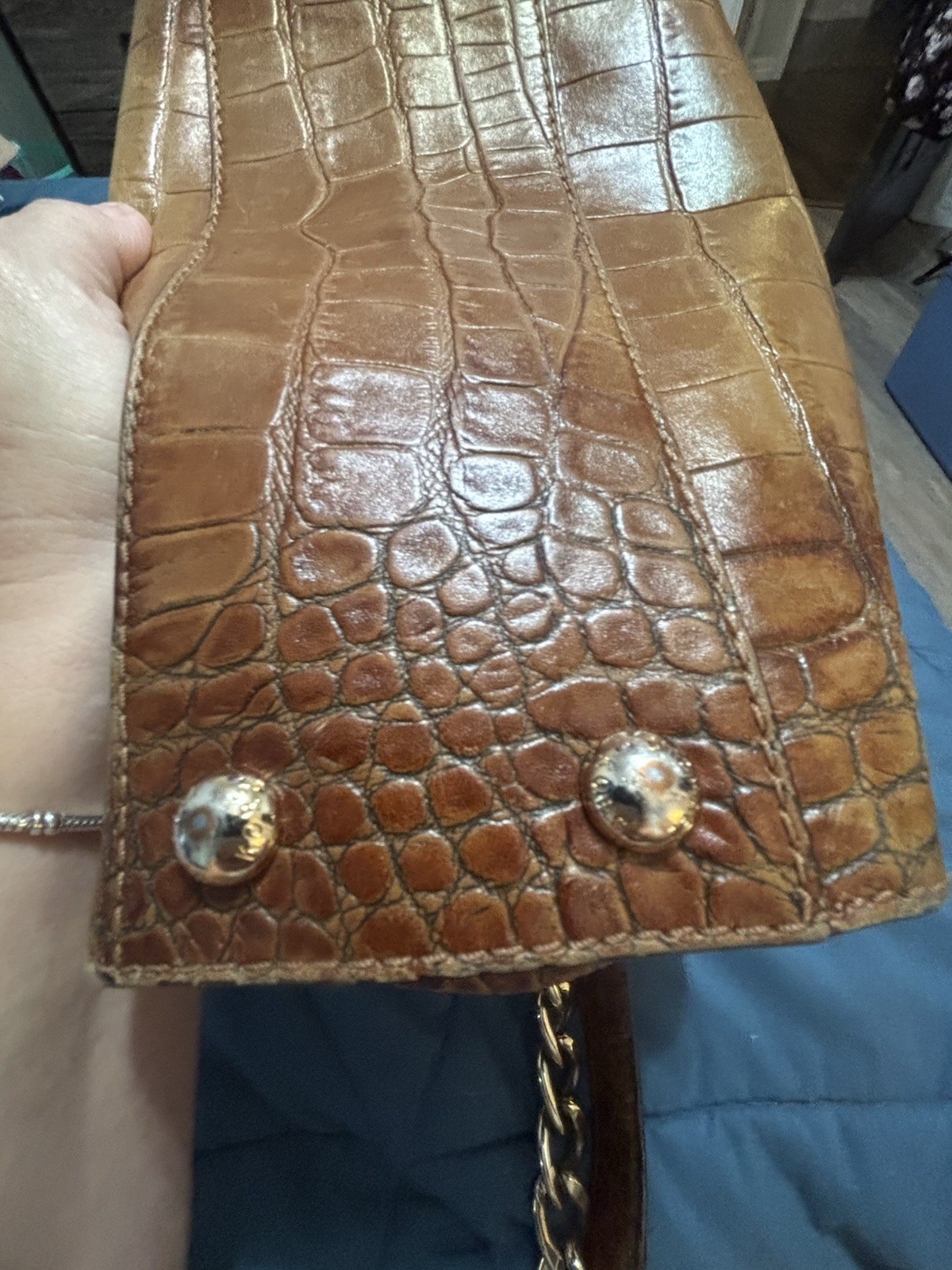 Michael Kors Brown Croc Embossed Satchel Top Handle Chain Strap Snap