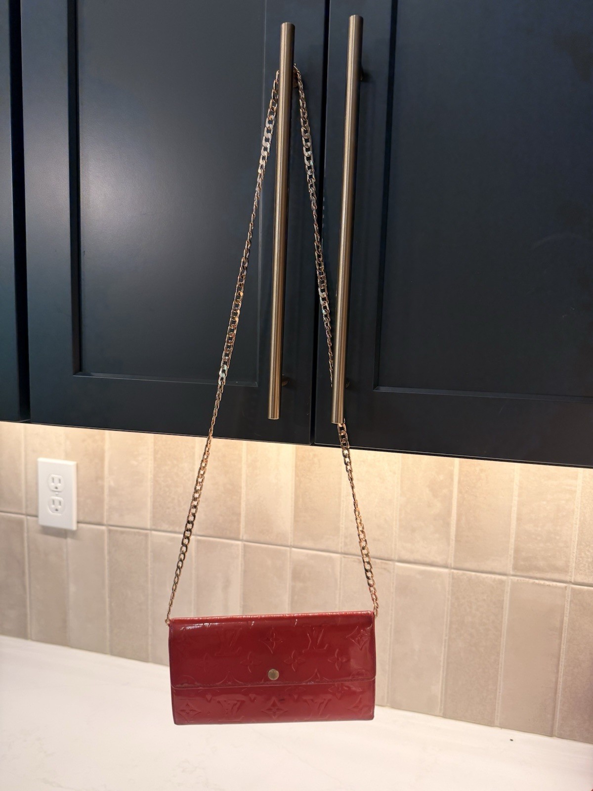 Louis Vuitton Red Monogram Wallet w/ Chain Strap, Snap Flap, Zip Coin Pocket