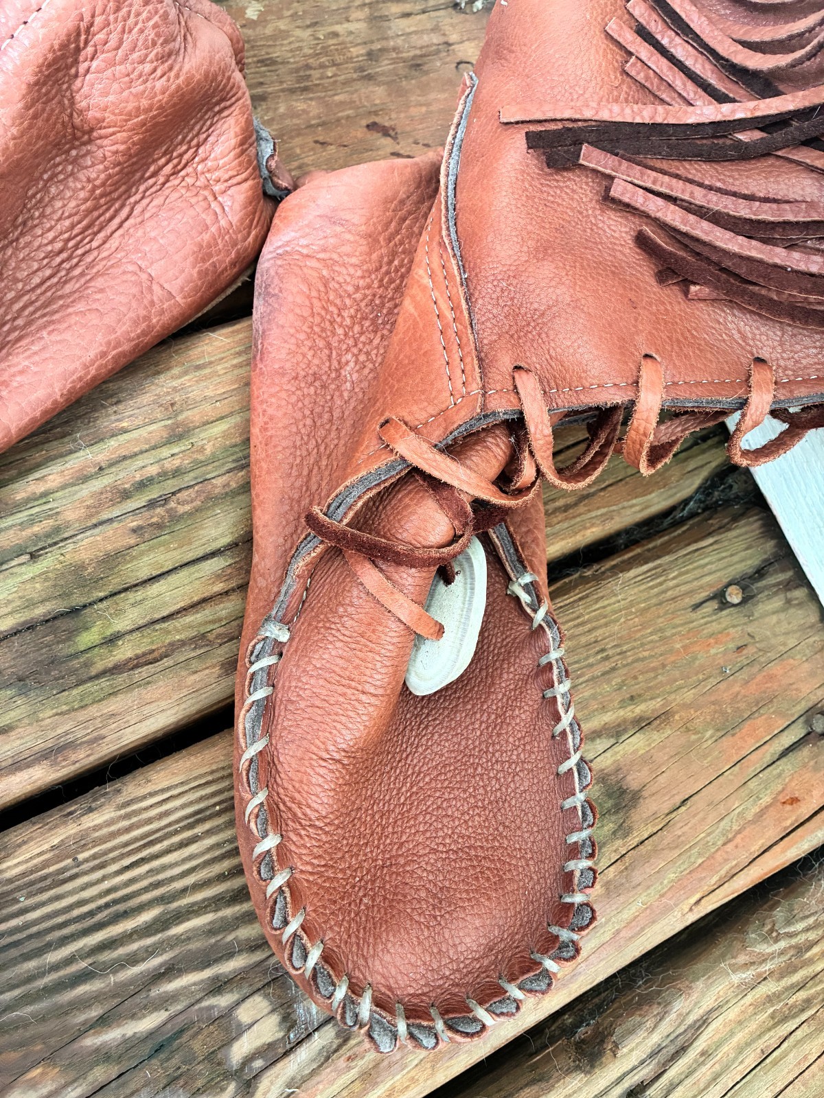 natural bison deer leather moccasins boots men US 12, brown color, tassels, bone