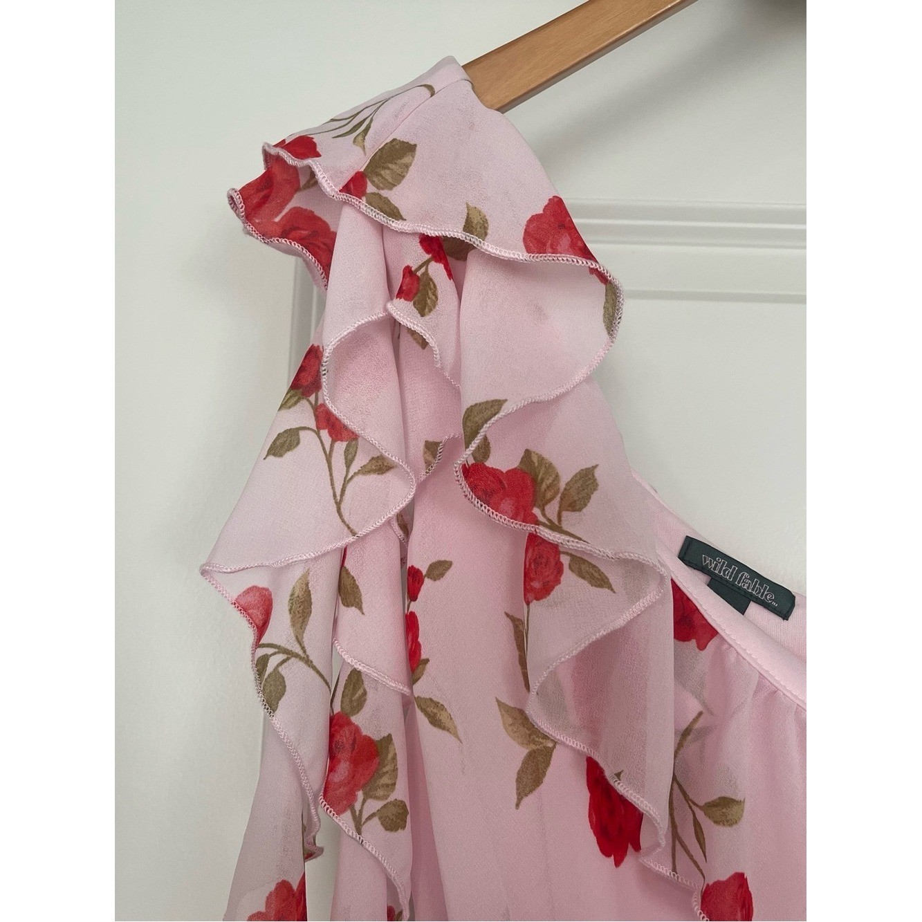 wild fable Pink One-Shoulder Floral Ruffle Maxi Dress with Slit and Zipper NWT