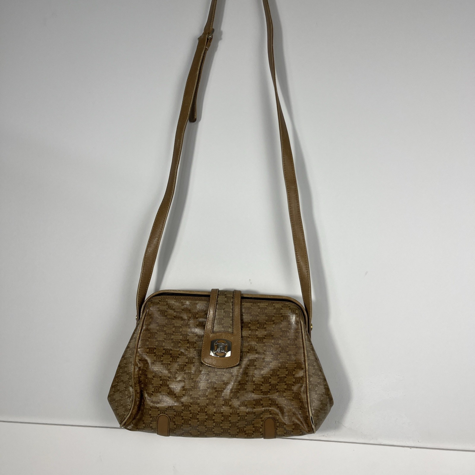 VTG CELINE Paris Macadam Monogram Leather Crossbody Bag Brown Trim