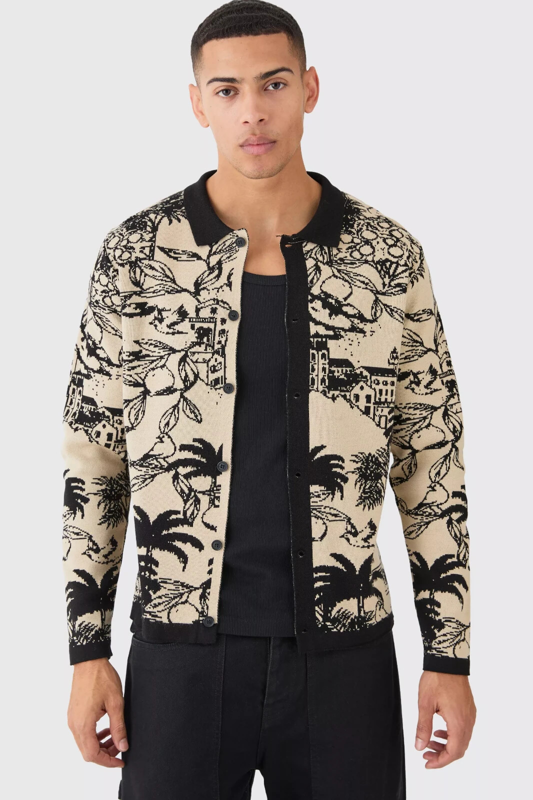 BoohooMAN Long Sleeve Palm Patterned Knitted In Black Shirt Men’s MEDIUM NWT