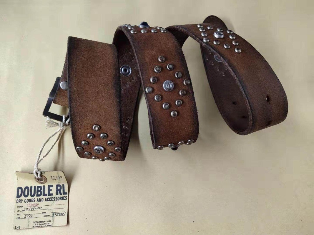 RRL Double RL Brown Vintage Leather Belt Antique Metal Square Buckle Size 34