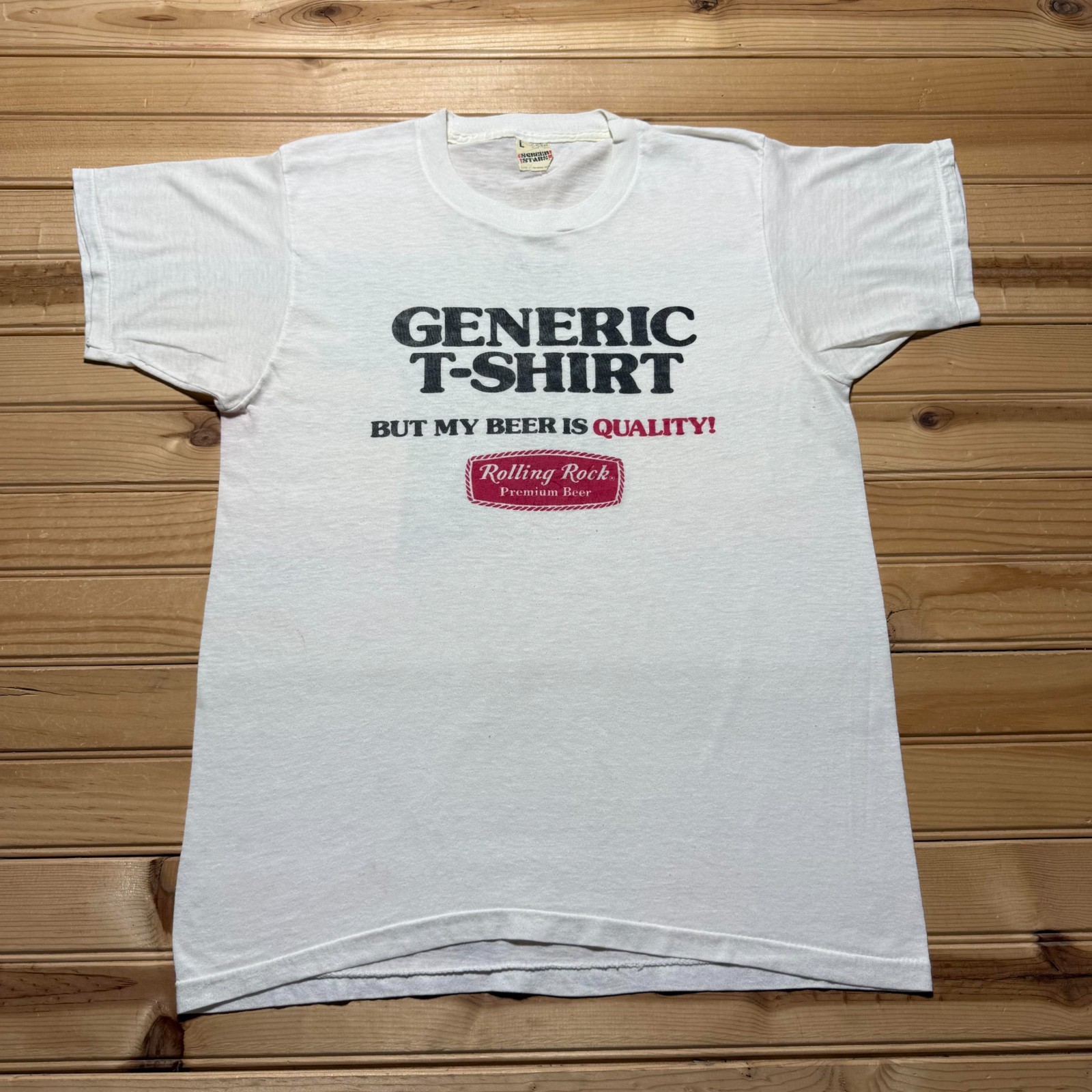 Vintage 80s Generic T-Shirt Rolling Rock Premium Beer Promo Shirt USA – Large