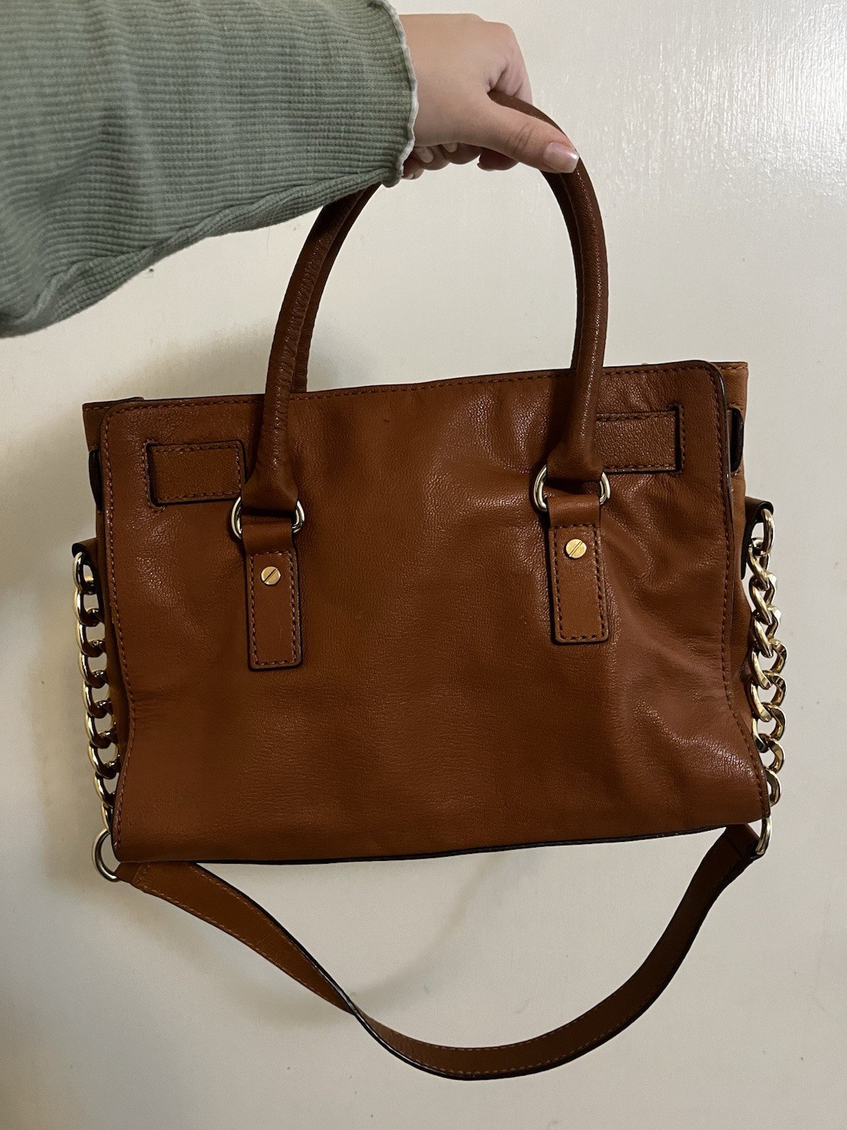 Michael Kors Brown Pebbled Satchel Top Handle Chain Padlock Snap Gold Hardware