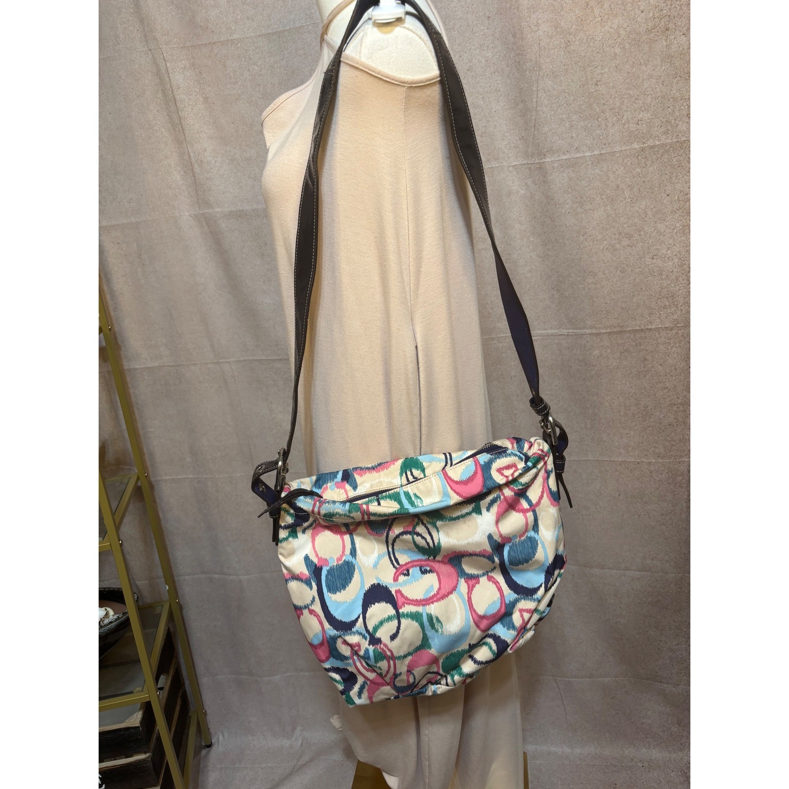 Coach Poppy Ikat C Print Multicolor Sateen Hobo Crossbody Bag F24841