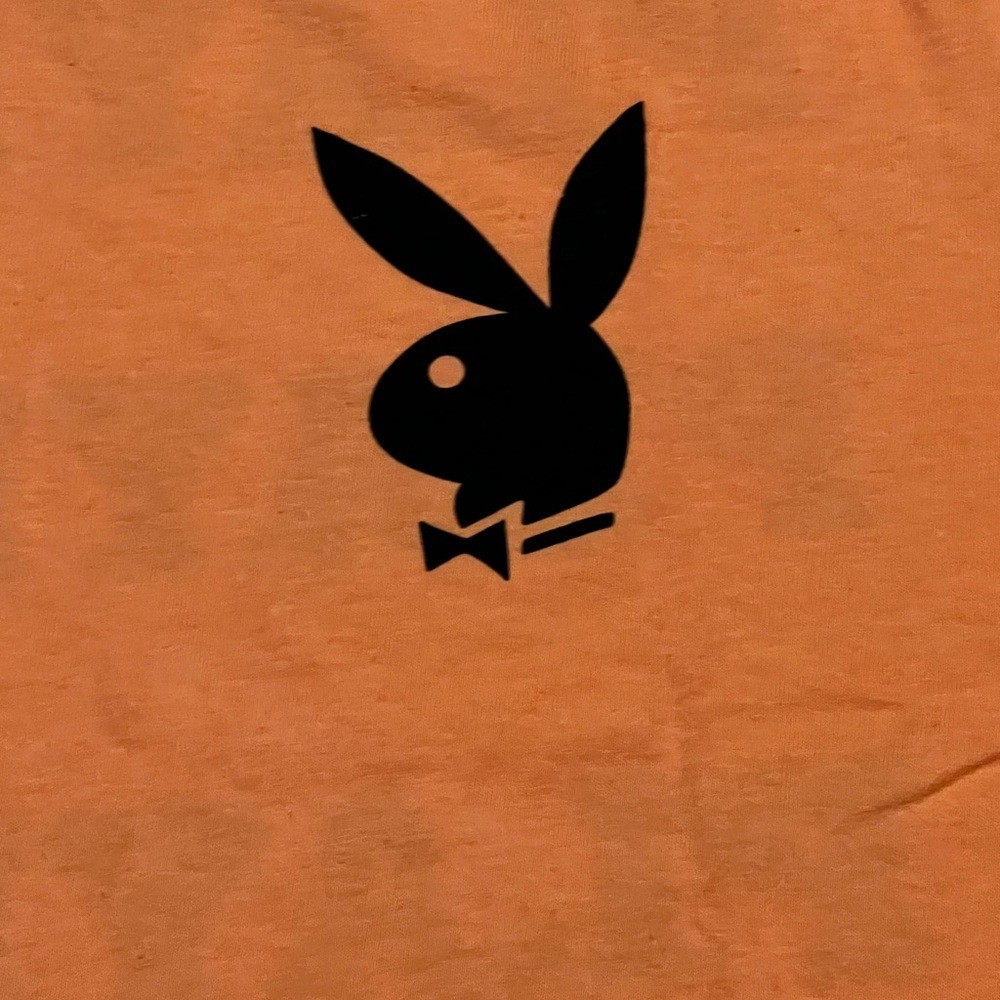 PLAYBOY men’s graphic print shirt orange Tee Black Logo size medium