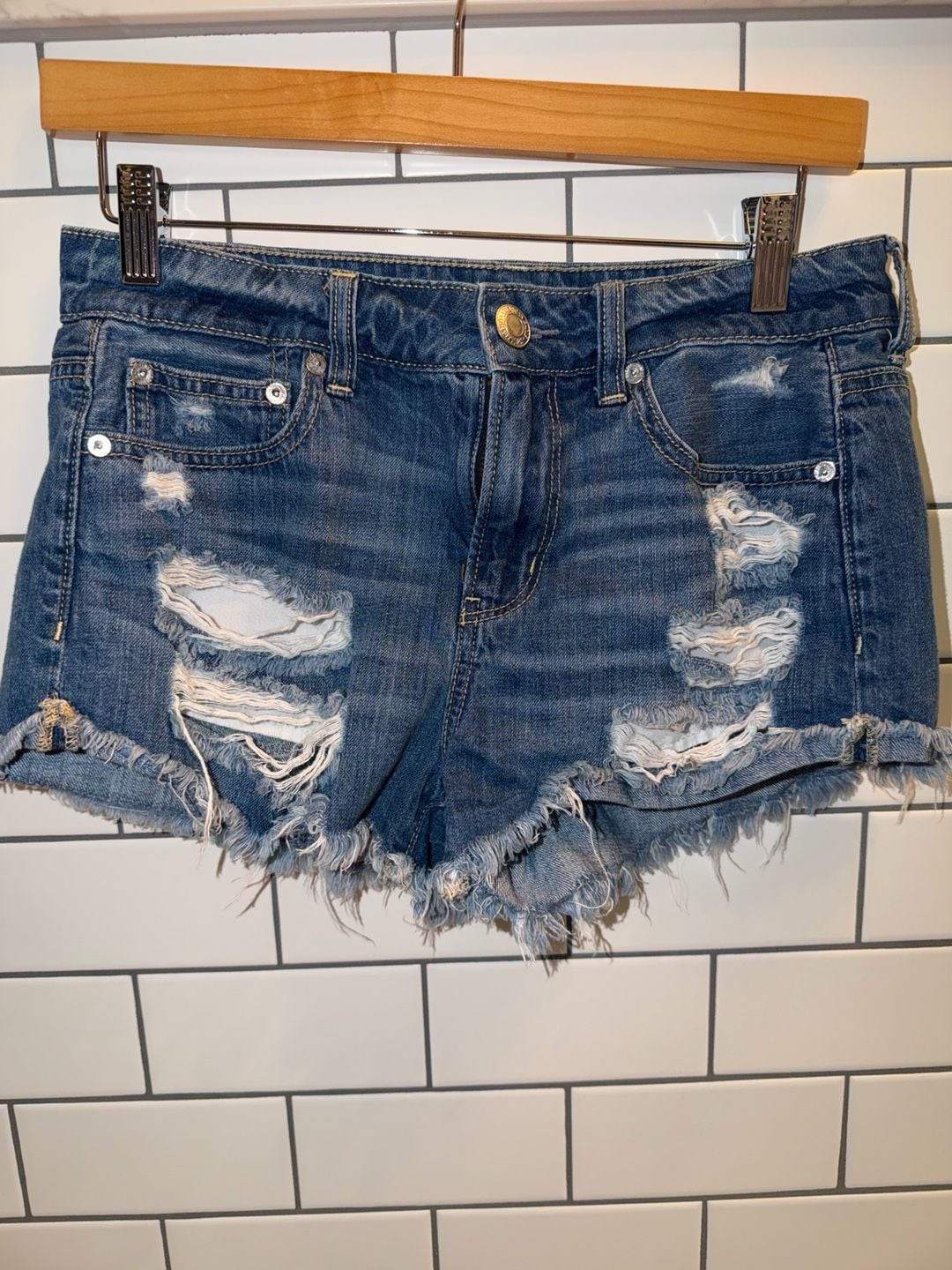 American Eagle Distressed Tomgirl Shortie Denim Shorts