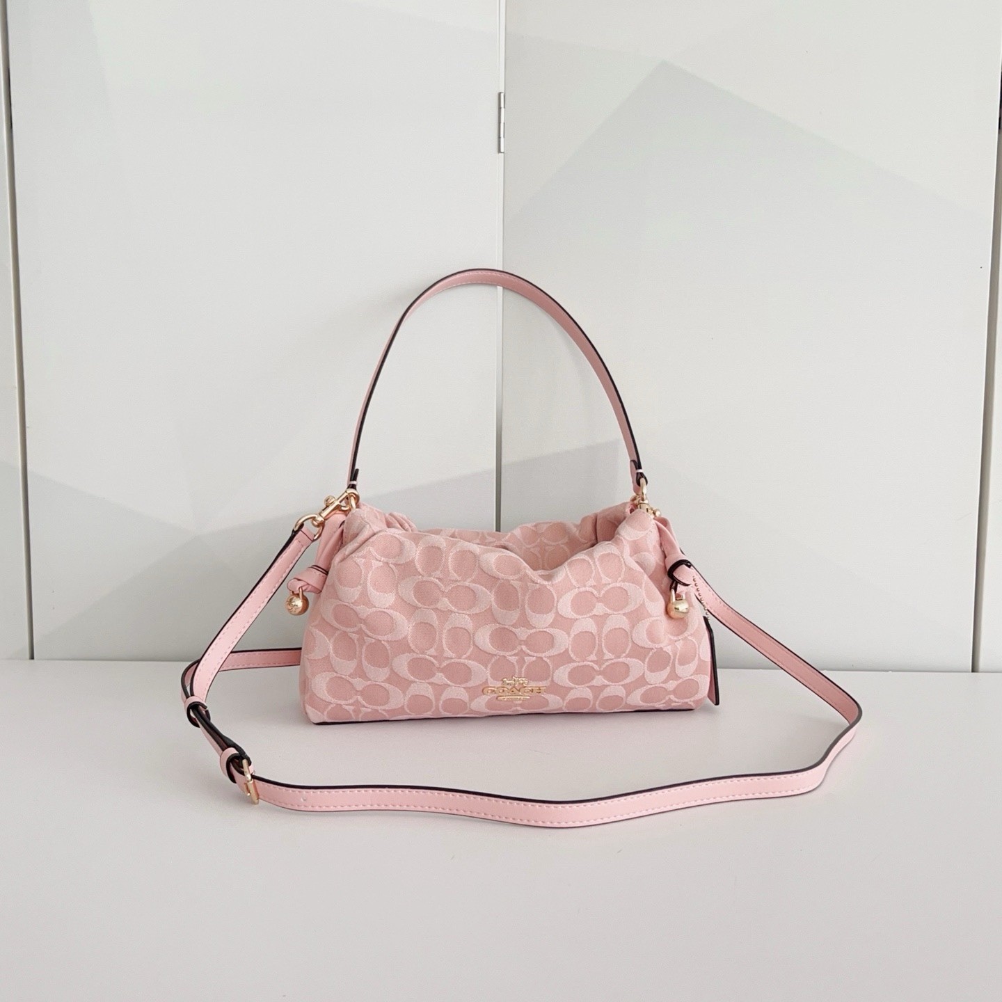 Coach Faye Shoulder Bag CER68 Signature Denim Drawstring Handbag Pink New