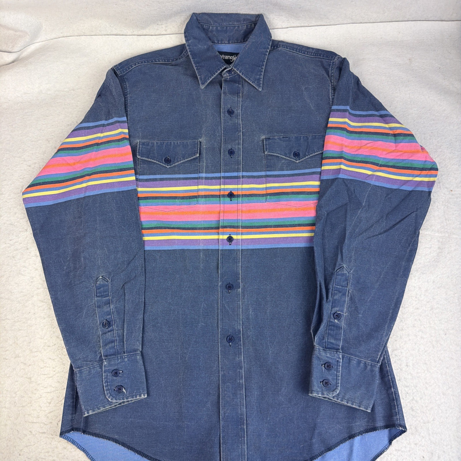 Vintage Wrangler Brushpopper Blue Multicolor Stripes 15.5 X 34 Size L USA Made