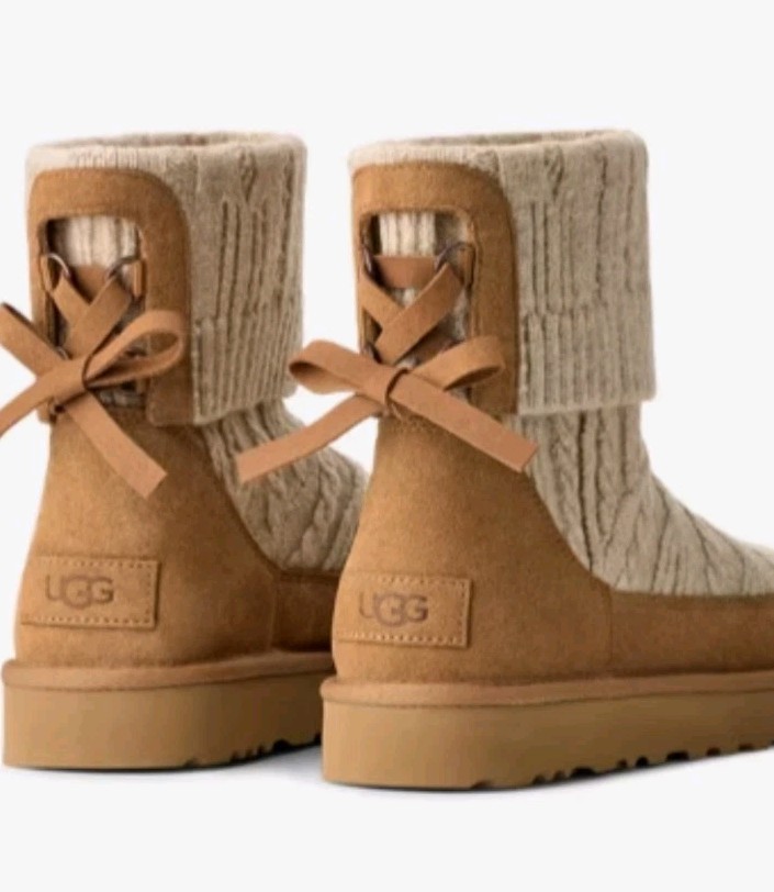 Women’s UGG Classic Mini Cabelle Chestnut Suede/Knit Boot Sz 8.0 UntouchedNewBox