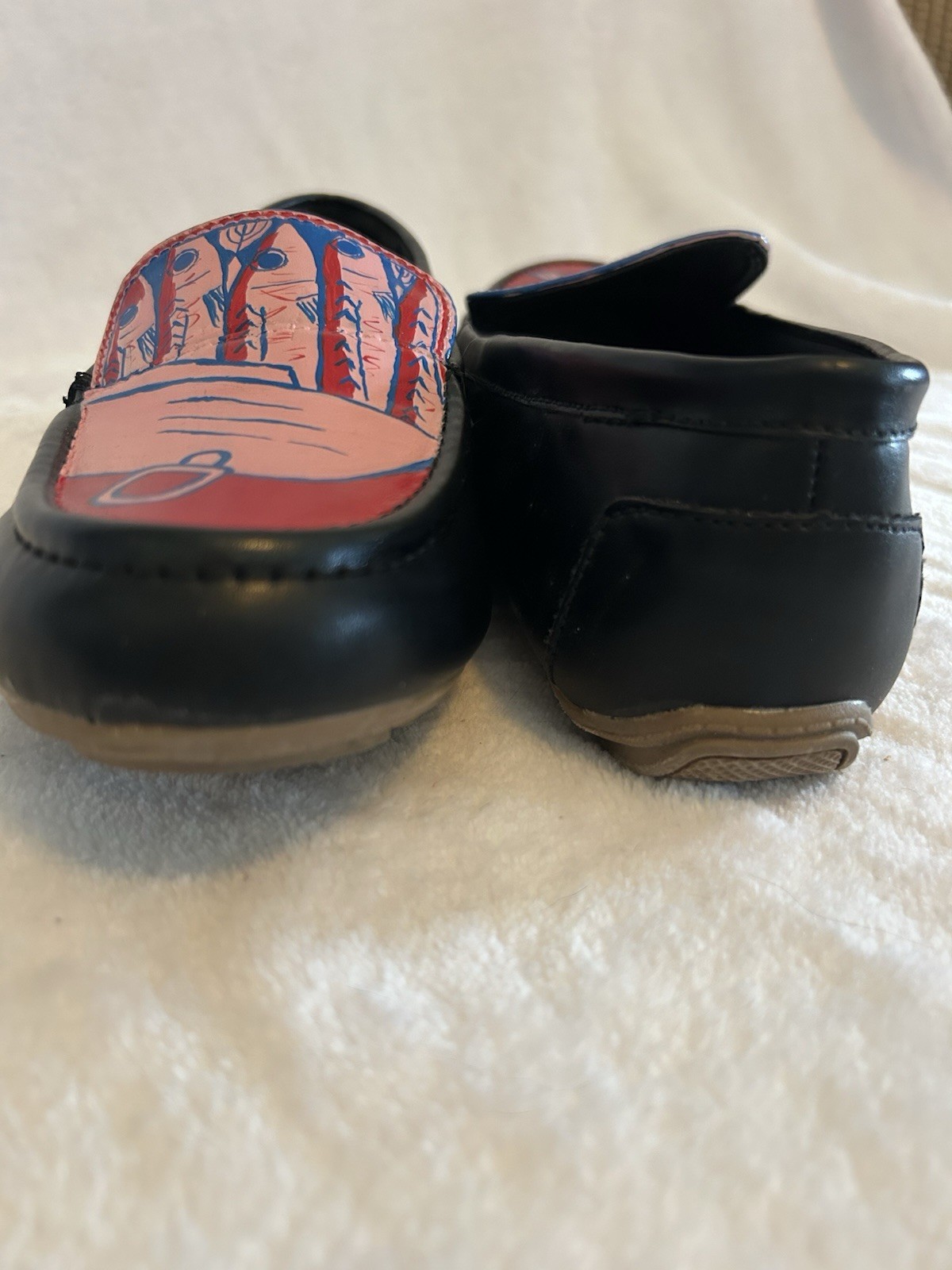 Hand Painted Shoes Featuring Sardines and Mermaid In Pink, Red and Blue Size 9W