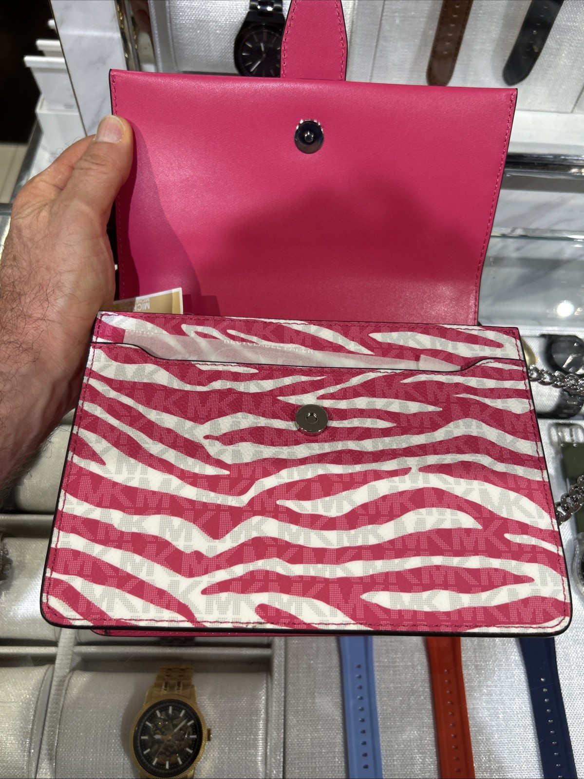 Michael Kors Greenwich Small Crossbody Pink & White Zebra Stripe Bag Handbag MK